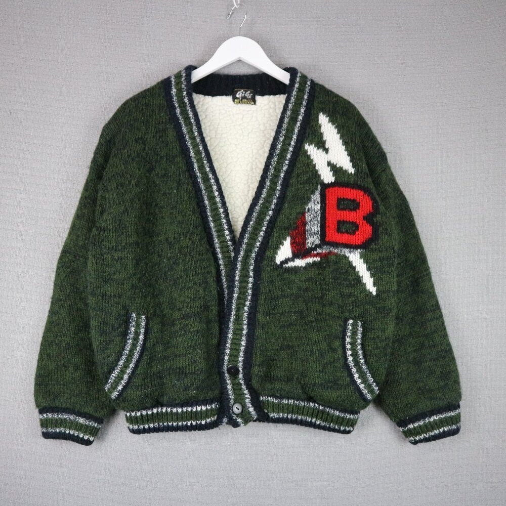 Vintage Shearling Sweater Mens Olive Cardigan City Skyline Abstract Gigi